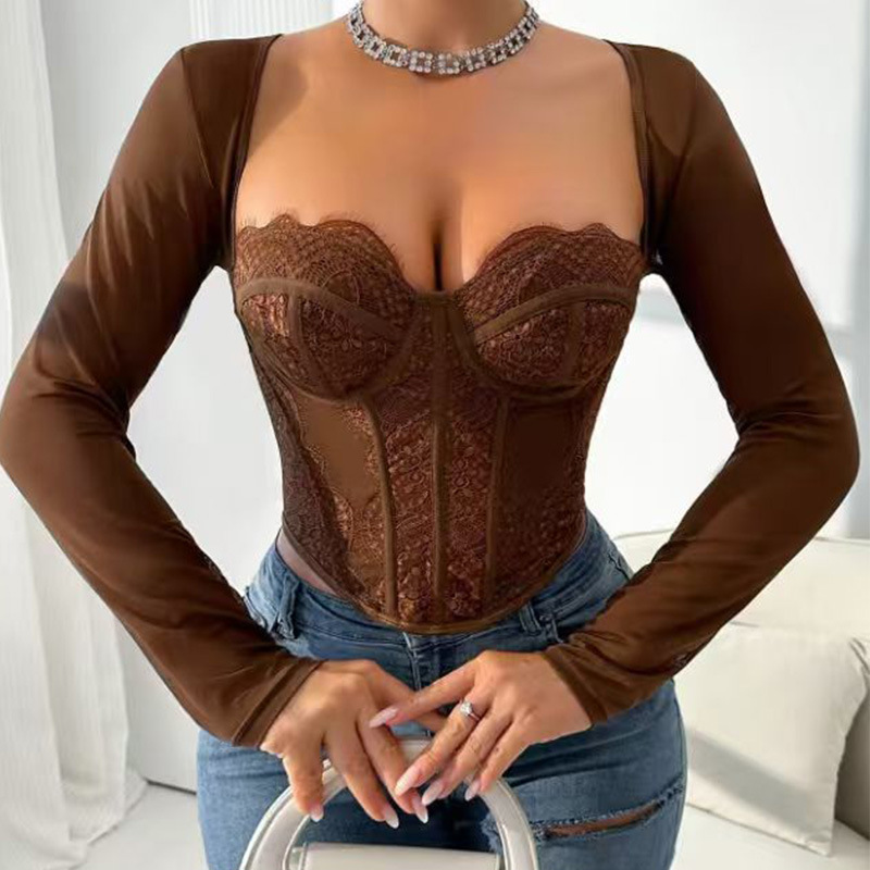 Nuevo anillo de acero transfronterizo de Europa y América delgada malla de malla de empalme chaqueta de encaje sexy perspectiva brazalete de hueso de pez de manga larga