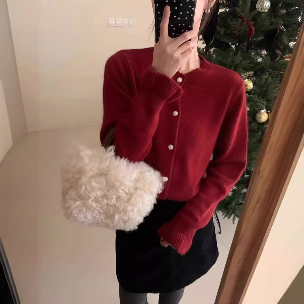 Cardigan coreano in velluto con scollo rotondo e maniche ricamate viola da donna, piccolo cappotto lavorato a maglia profumato primaverile_voghion.com