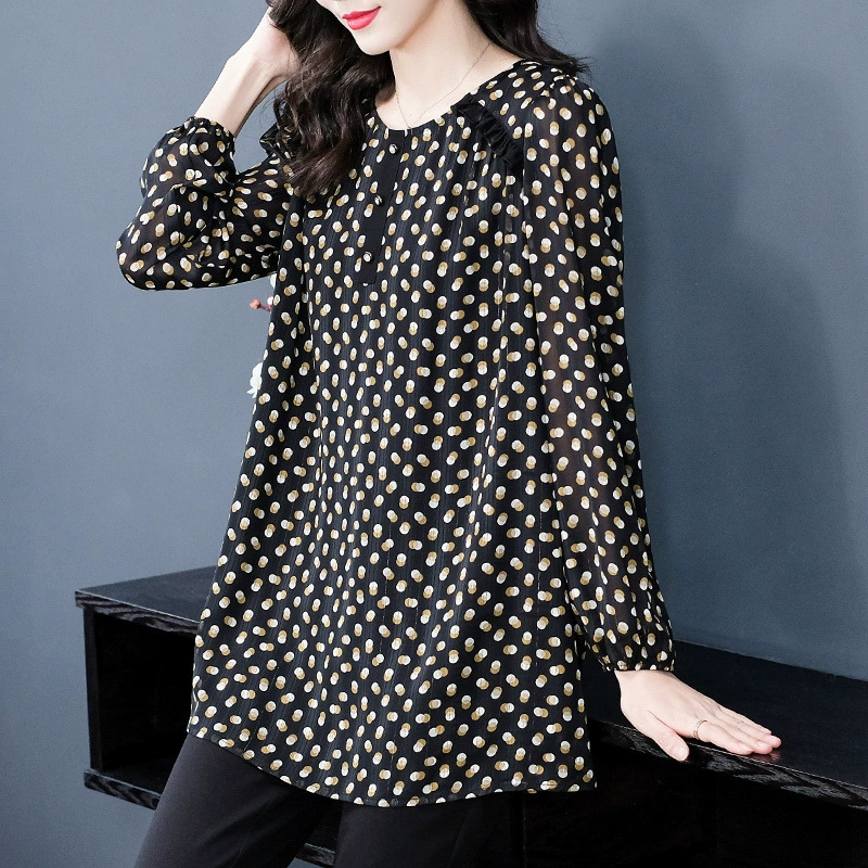 Свободная летняя легкая зрелая шифоновая рубашка большого размера в горошек с длинными рукавами во французском стиле, стройнящая легкая зрелая рубашка, Топ для женщин среднего и пожилого возраста