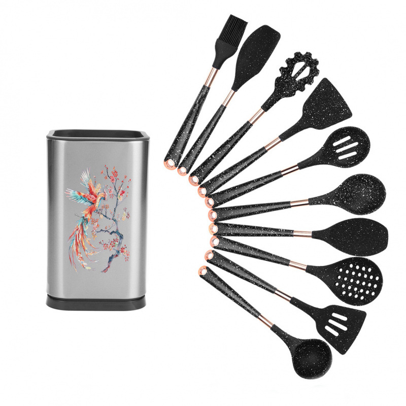 Nuevo juego de utensilios de cocina de silicona, juego de 11 piezas, mango de revestimiento para el hogar, utensilios de cocina, sartén antiadherente, juego de cubo de almacenamiento