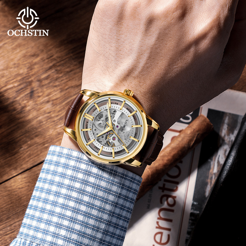 2021 Nuevo reloj de marca augustden Reloj mecánico hueco completo Reloj de hombre de cuero impermeable de moda