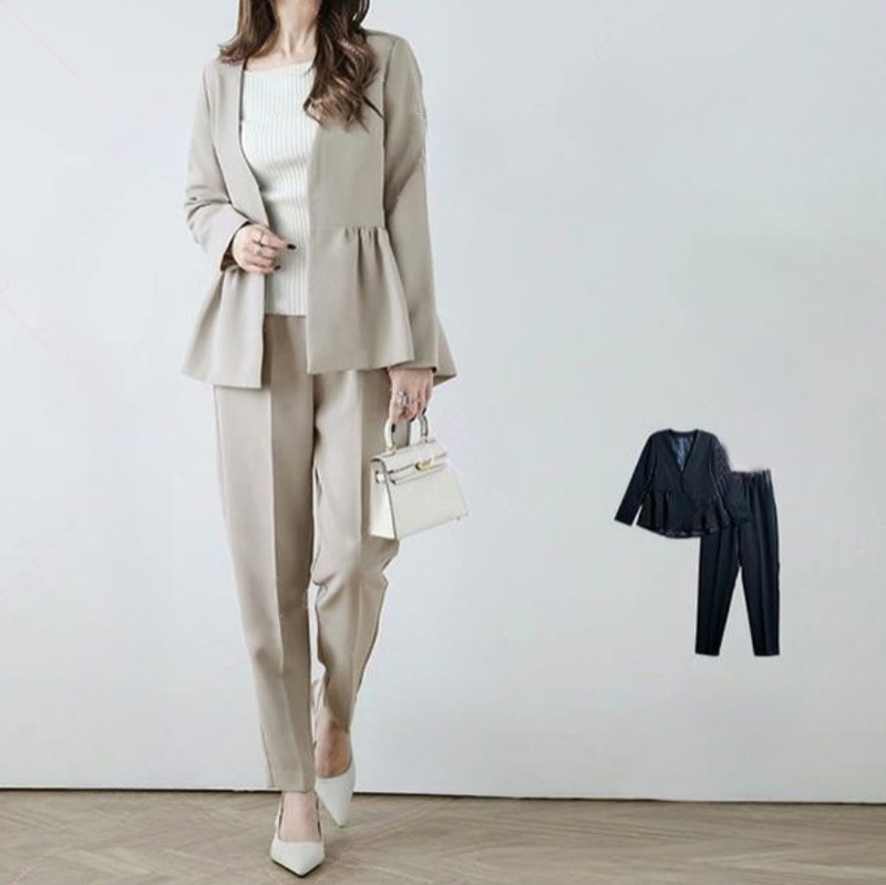 Original Foreign Trade Three-Color 2026 Spring and Autumn Ol Long-Sleeve Collarless Blazer with Ruffle Fashion Set
