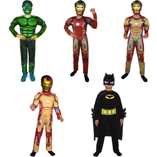 Halloween cosplay costumes for children, including Captain America, Iron Man, Thor, and Hulk costumes for performance sets.