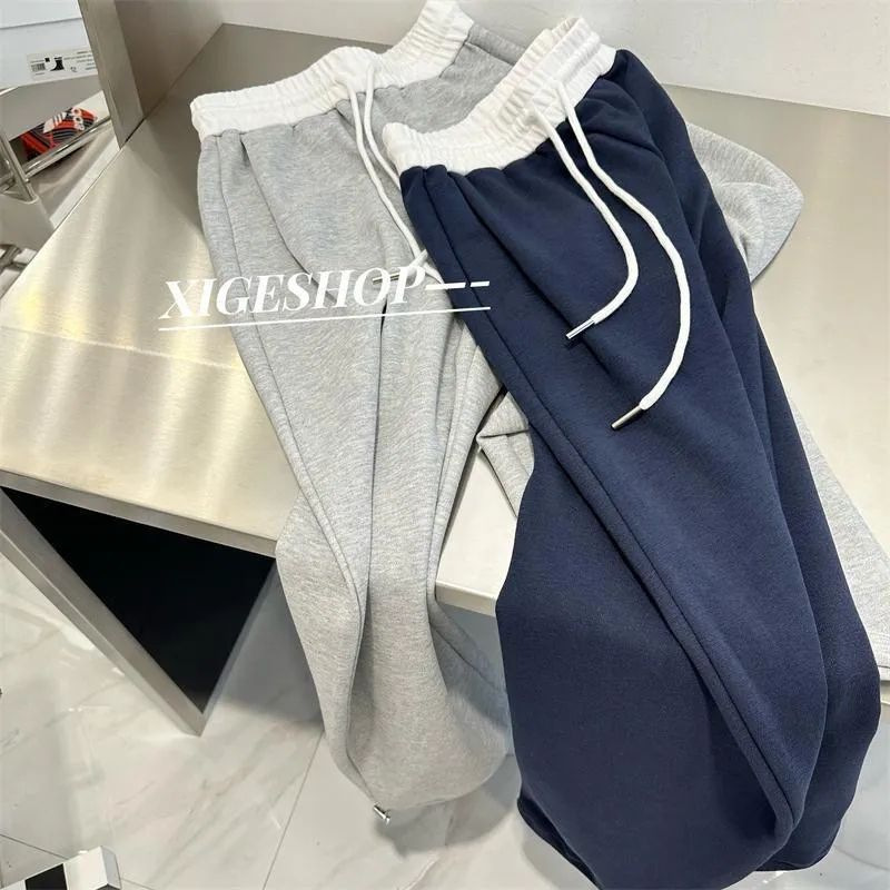 Lazy Style Retro Contrast Color Stitching Casual Pants Women's Spring and Autumn New High Waist Loose Slimming Sports Straight Pants Trendy