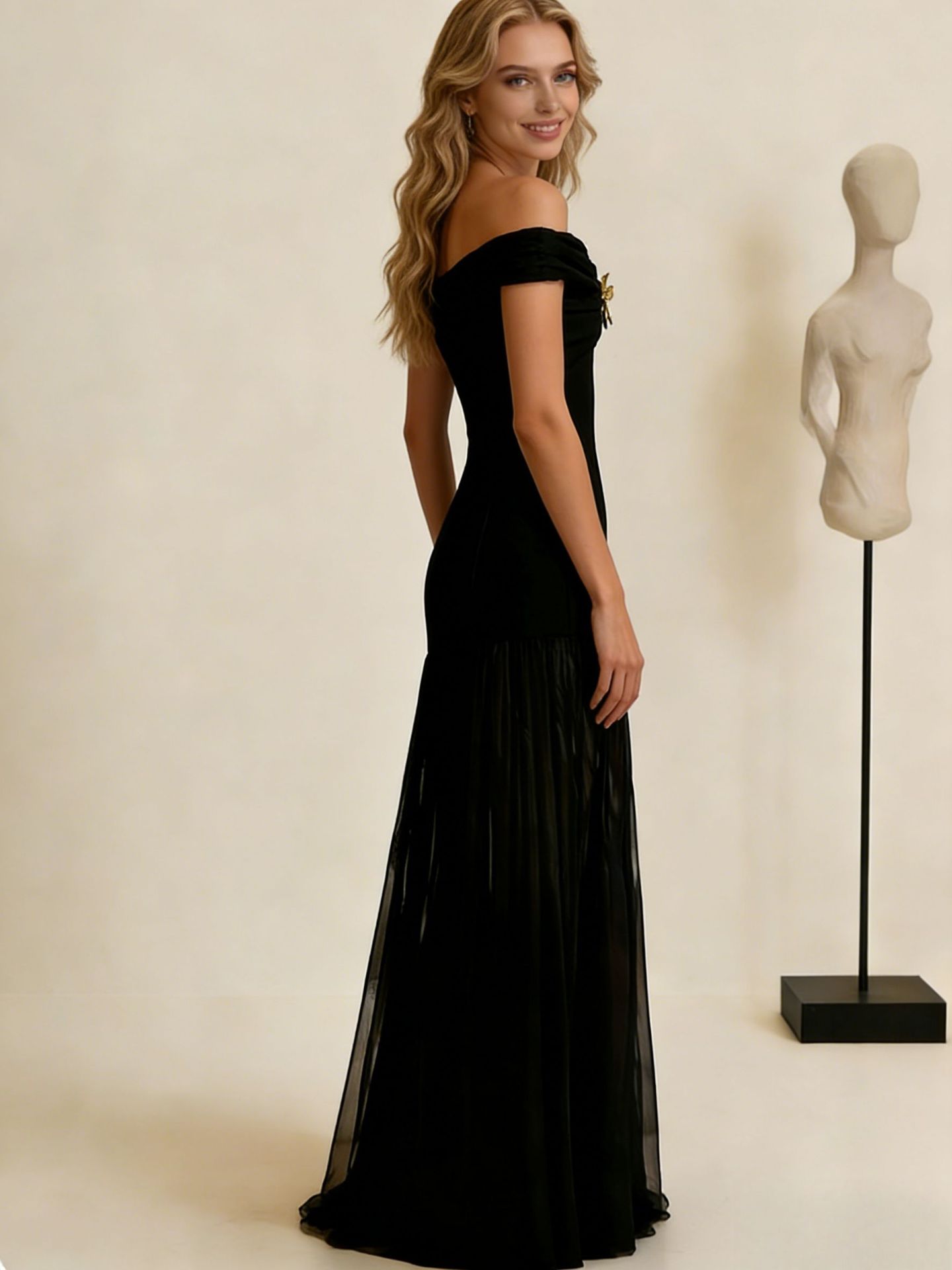 Women's Elegant Off Shoulder Backless Mesh Panel Flowy Maxi Dress – Sexy Summer Gown 2026_ecoleips.com