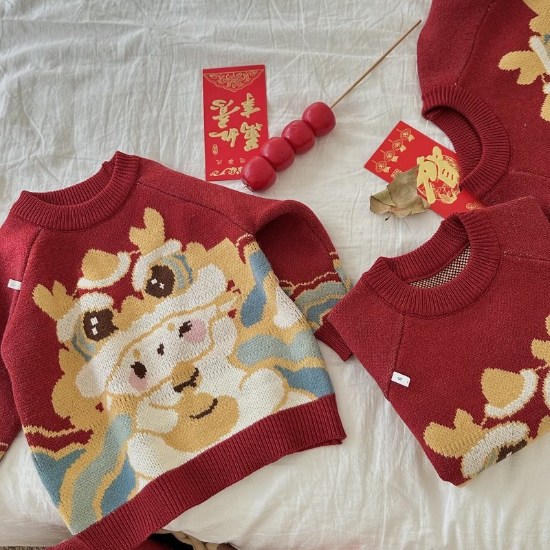 Children's cartoon knitted festive red sweater for men and women