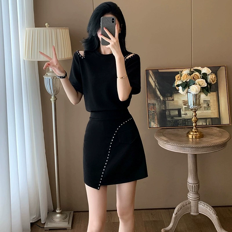 Высококачественный повседневный модный костюм в стиле Хепберн, летний дизайн, черный топ с короткими рукавами и юбка, женский костюм из двух предметов
