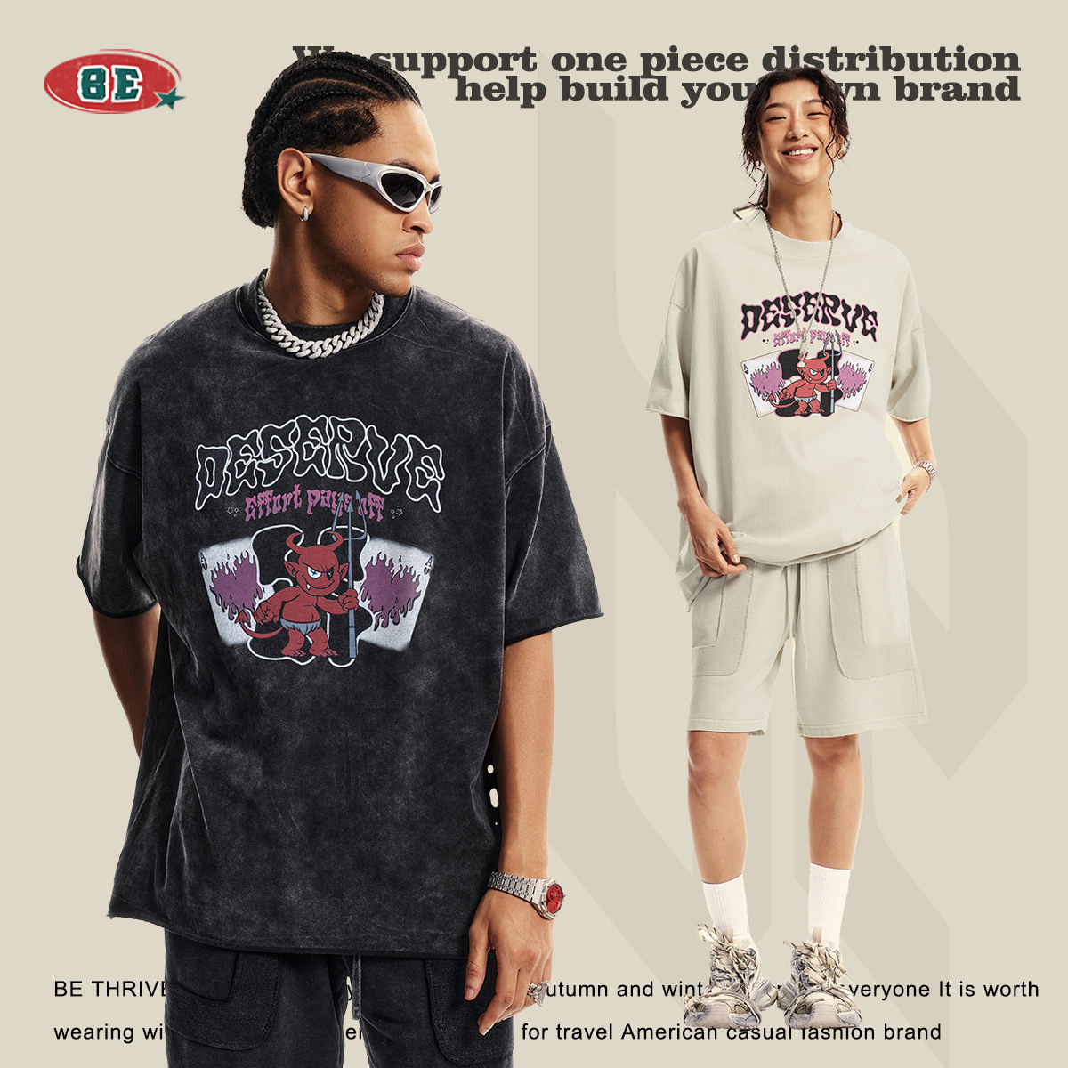 BE ropa de hombre | 2025 primavera y verano juventud algodón puro americano tendencia callejera ins viento lavado impresión camiseta de manga corta hombres