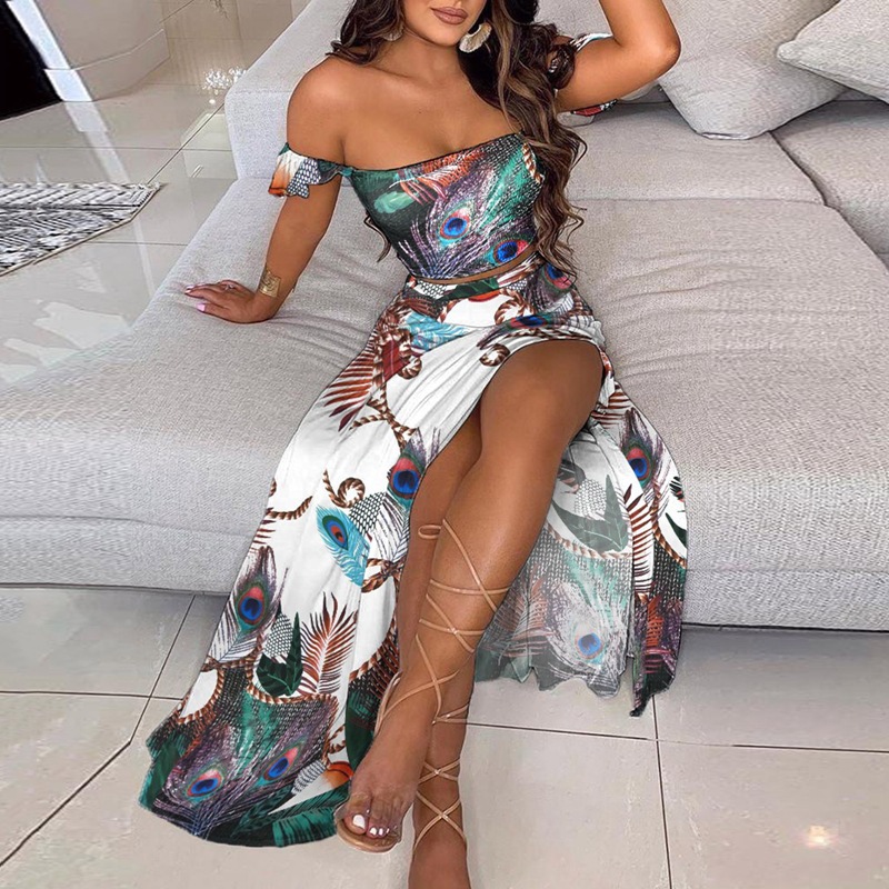 2022 European And American Summer Slim-Fit French Bohemian Print Mid-Length Vintage Strapless Dress Set For Women_ecoleips.com