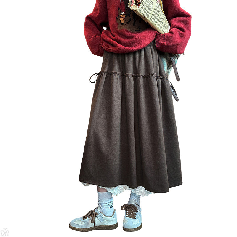 女童韩系绑带毛呢半身裙秋2025新款设计感木耳边花边拼接A字长裙|undefined