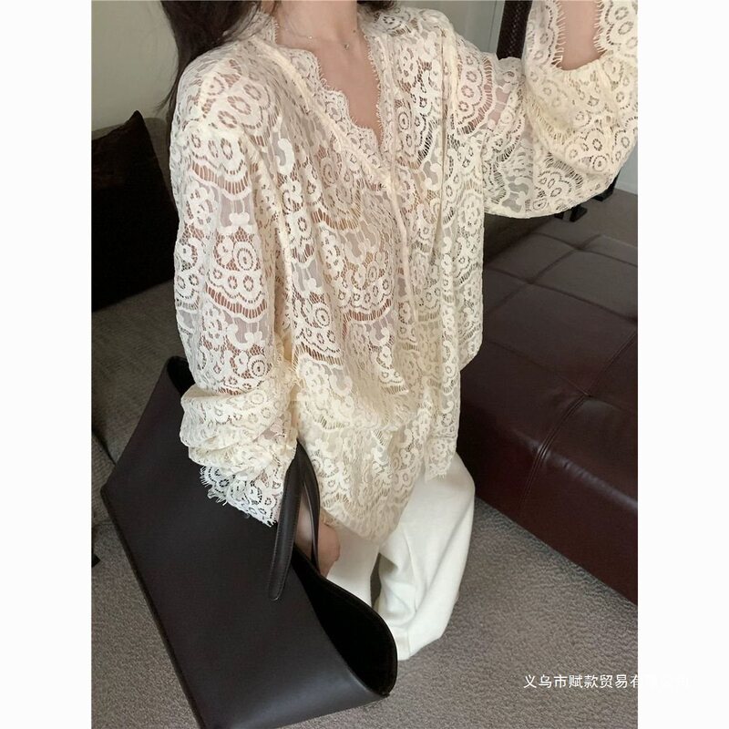 Petite Women's Lace Eyelash Trim Shirt, Autumn 2025 Stylish Long-Sleeve Top in Apricot Color Petite Women's Lace Eyelash Trim Shirt, Autumn 2025 Stylish Long-Sleeve Top in Apricot Color
