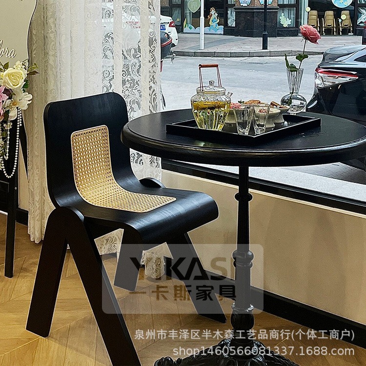 法式复古风咖啡厅实木桌椅组合花店桌子烘焙甜品店商用西餐厅餐桌