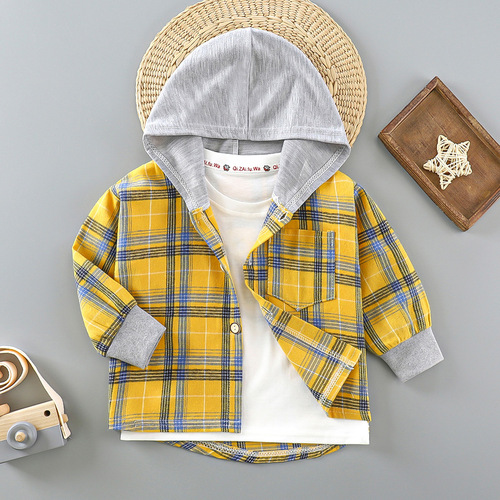 2025 Children's Long-Sleeve Checkered Shirt Spring and Autumn Top Cardigan Stylish Blouse Spring and Autumn Hat