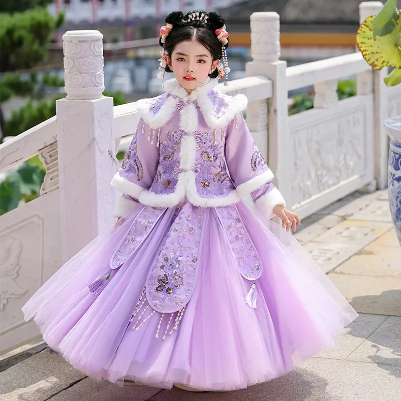 女童冬季汉服加绒加厚中国风新年装中式高端公主裙儿童唐装拜年服