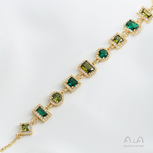 Polished 14K Gold-Plated Emerald Green Zircon Geometric Double Pendant DIY Handmade Jewelry Accessories