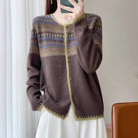民族风拼色100%纯羊毛开衫女圆领长袖针织毛衣宽松羊绒衫外套上衣