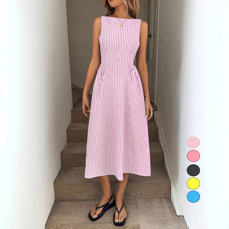 2025 Spring/Summer Cross-Border Sleeveless Vertical Striped Casual Vacation Style Dress Fashionable Elegant Princess Long Dress with Large Hem