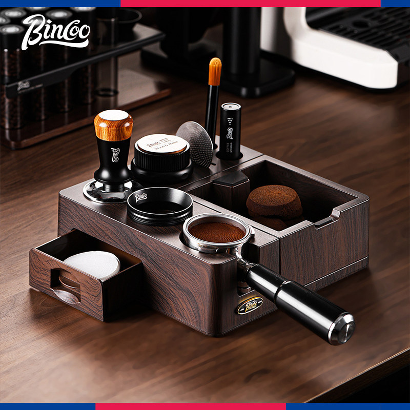 Bincoo Coffee Press Tool Set with Knock Box, Integrated Powder Distributor, Tamper Handle, and Storage Base Bincoo Coffee Press Tool Set with Knock Box, Integrated Powder Distributor, Tamper Handle, and Storage Base