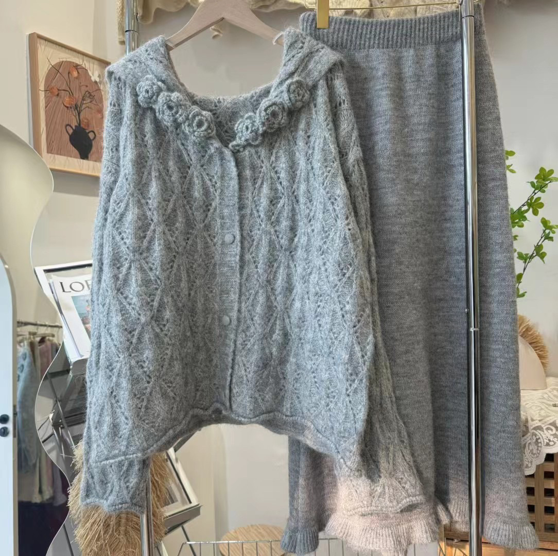 부드러운 스타일 할로우 3 차원 꽃 니트 카디건 스웨터 여성의 느슨한 게으른 세련된 슈퍼 좋은 해군 칼라 재킷