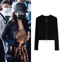 长期现货2025秋杨幂baby杨颖明星同款黑色大圆环拉链开衫针织开衫