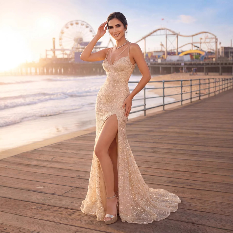 2026 New European and American Style Sexy V-Neck Strap Dress, Backless Fashion Sequin Floor-Length Dress with Slit, Evening Gown 2026 New European and American Style Sexy V-Neck Strap Dress, Backless Fashion Sequin Floor-Length Dress with Slit, Evening Gown