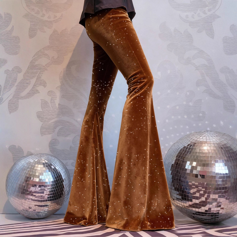 Cross-Border Amazon 2025 Autumn and Winter New European and American High-Waist Slimming Look Shiny Silver Draped Gold Velvet Bell-Bottom Casual Pants Cross-Border Amazon 2025 Autumn and Winter New European and American High-Waist Slimming Look Shiny Silver Draped Gold Velvet Bell-Bottom Casual Pants