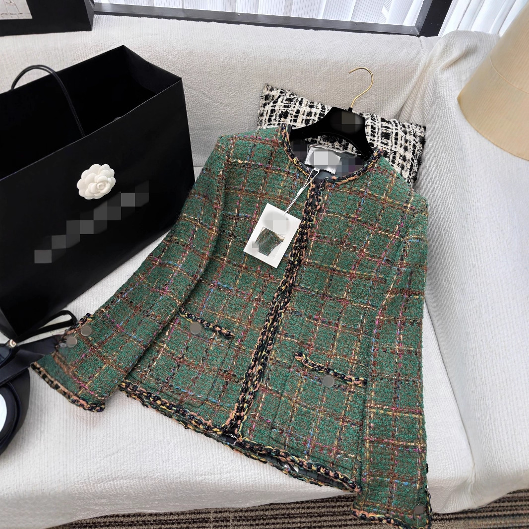 深圳南油女装法式复古名媛风显瘦绿色格纹编织粗花呢羊毛短款外套