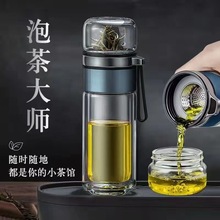 新款茶水分离泡茶杯双层玻璃杯高档杯子高硼硅大容量水杯印制logo