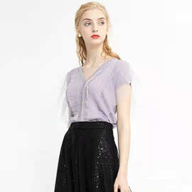 清仓不退换T恤女甜美仙女飘纱拼接修身短袖浪漫V领针织开衫上衣