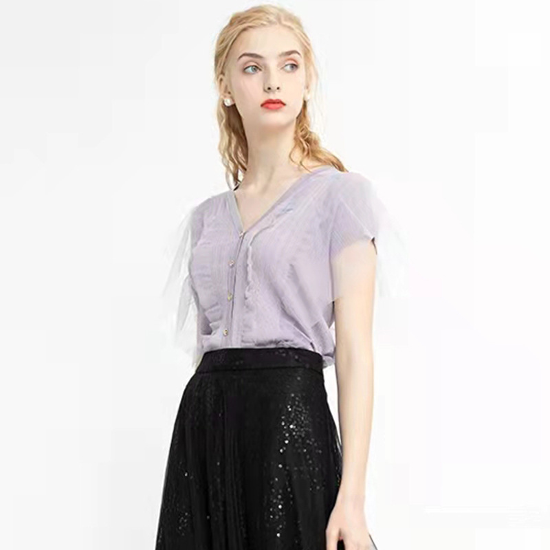 Big Sale Non-Returnable T-Shirt for Women Sweet Fairy Floating Yarn Stitching Slim Short-Sleeved Romantic V Neck Knitted Cardigan Top