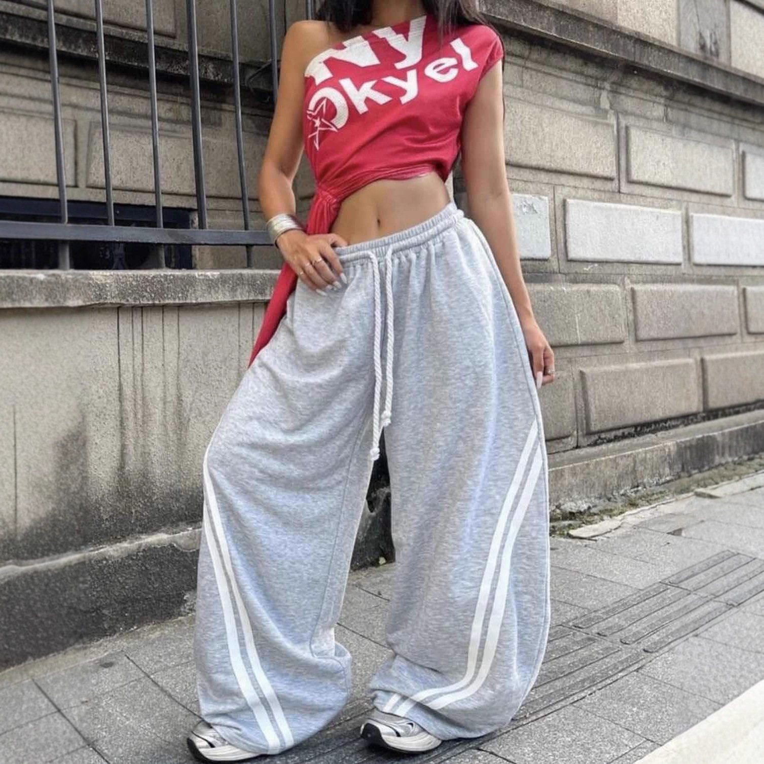 Comercio exterior transfronterizo calles rayas gris pantalones deportivos elásticos cintura casual suelta cintura alta piernas largas pantalones de trapaza image 5