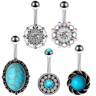 European and American cross-border e-commerce turquoise stainless steel belly button ring set zircon nail belly button nail puncture jewelry spot