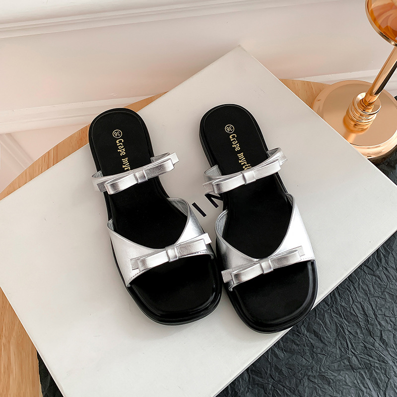 Vacaciones de Grape Mom Fury ~ Pajarita reductora de edad punta abierta playa estilo casual zapatillas de suela gruesa ropa exterior de verano para mujeres