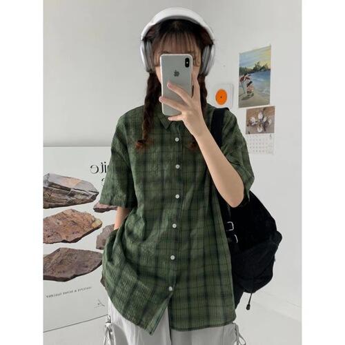 Blue checkered shirt for men and women, summer thin ice silk quick-dry short-sleeved jacket, trendy, outerwear, can be worn with a cardigan