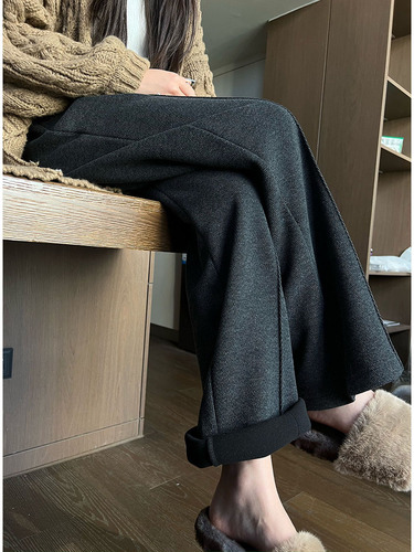 Women's Autumn/Winter Loose Casual Straight Leg Pants with High Waist Narrow Version Wool Knit Wide Leg Pants for Slimming and Long Legs
