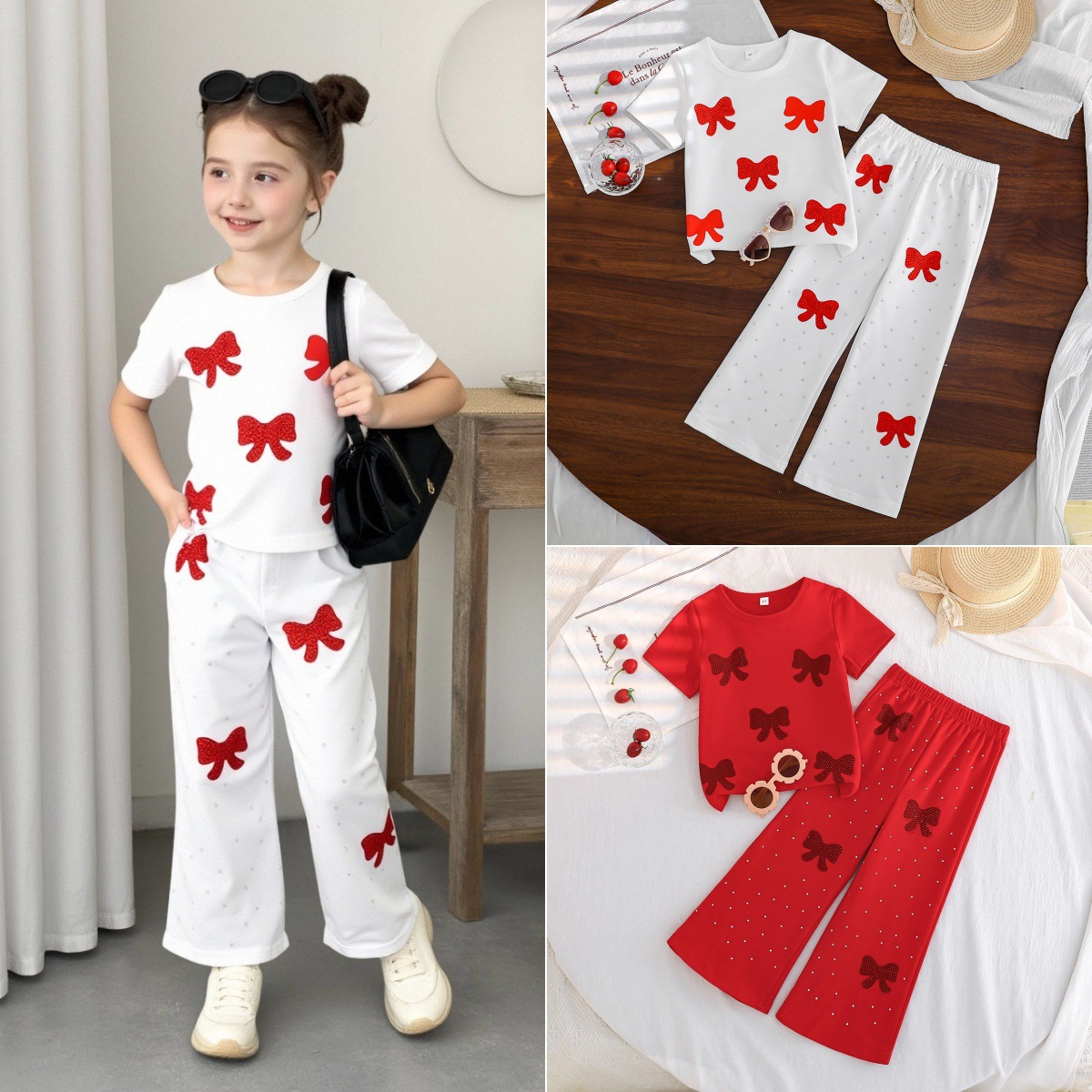 Cross-Border Exclusive Summer Short-Sleeve Heart Print Shiny Rhinestone T-Shirt + Pants Korean Style Set for Girls