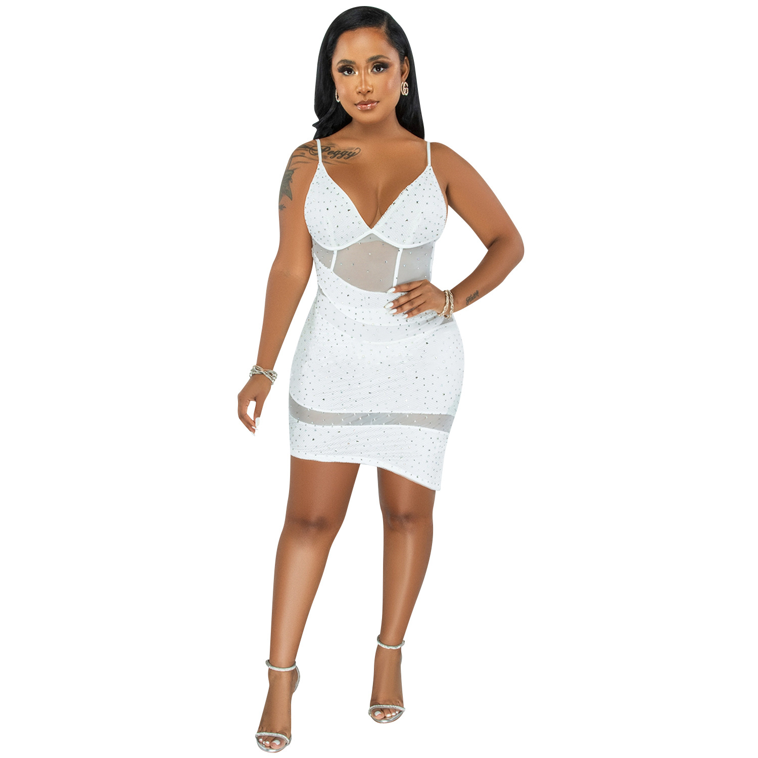 X5575 transfronterizo europeo y americano moda ropa de mujer sexy con cuello en V malla perspectiva discoteca caliente rhinestone Sling vestido irregular