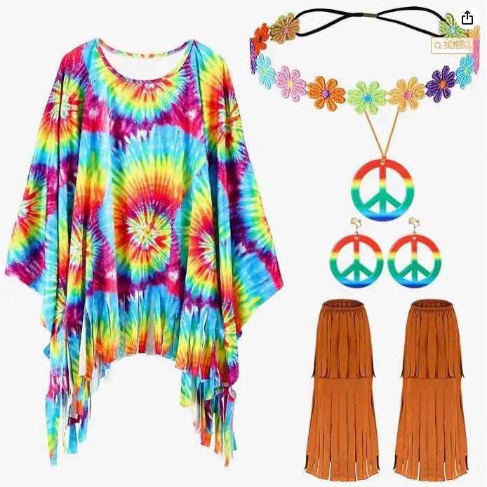 Женский Костюм хиппи Костюм накидка с принтом тай-дай Костюм на Хэллоуин Мирная Вечеринка Набор из трех предметов