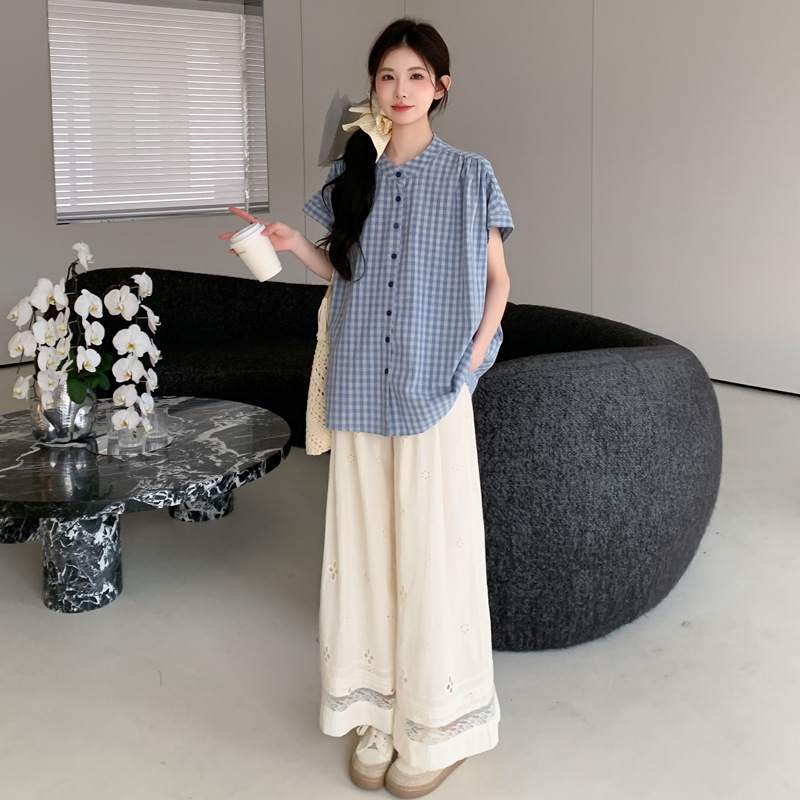 Blue lace shirt, trousers, lace dress