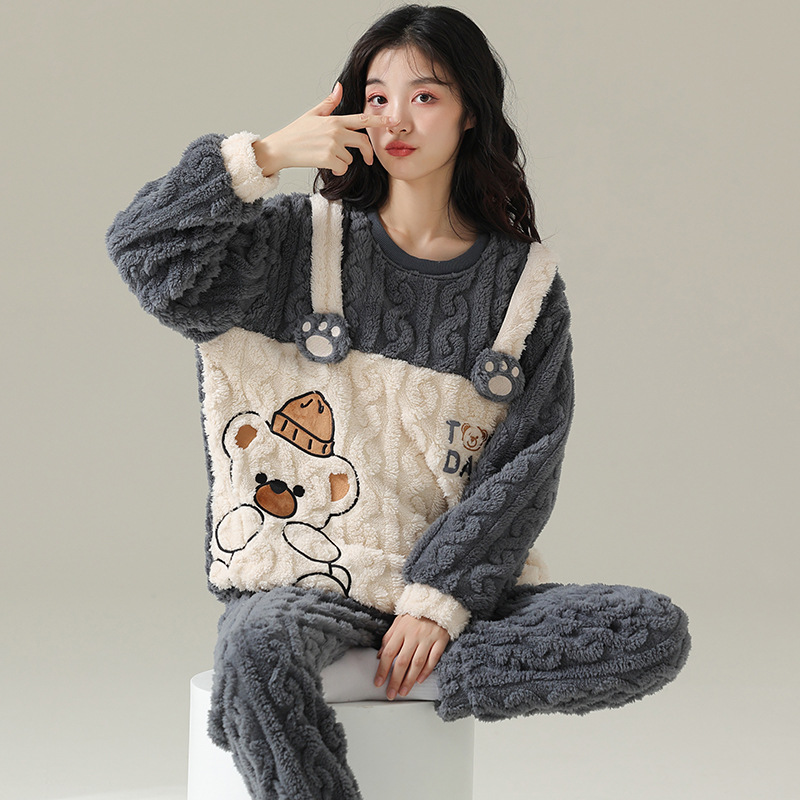[100% fibra de poliéster] pijamas pareja de coral de lana desgaste en el hogar de dos piezas de franela engrosada cálida primavera y otoño