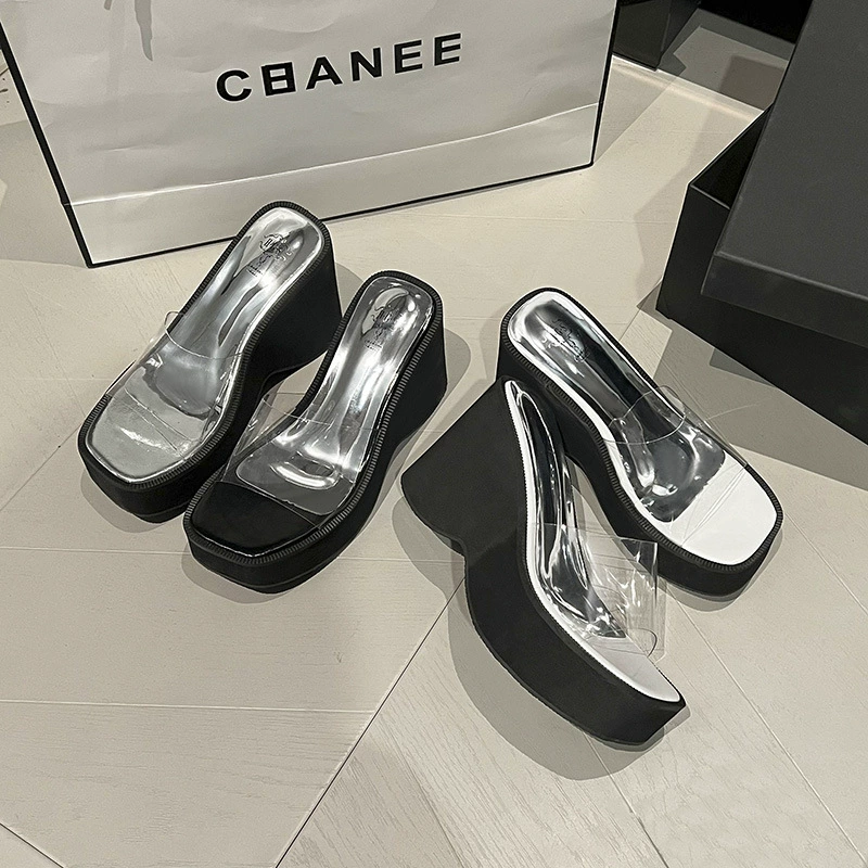 Женские прозрачные плоские платформенные шлепанцы на танкетке 2025 года для увеличения роста, для невысоких людей, на толстой подошве, полусандалии на высоком каблуке