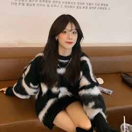 仿水貂绒毛衣女秋冬季设计感日系复古慵懒风条纹针织衫外穿上衣厚