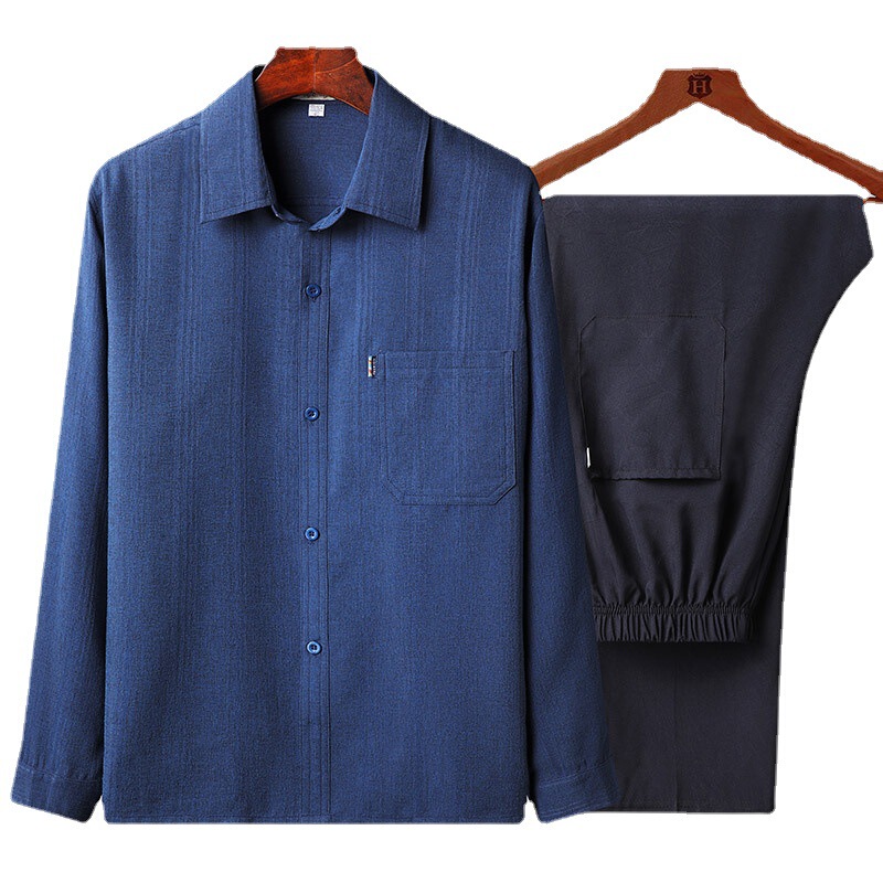 Cotton and Linen Short-Sleeved Shirts for Middle-Aged and Elderly Men, Dad Suits, Long-Sleeved Two-Piece Sets for Seniors, Versatile Shirts for Grandfathers