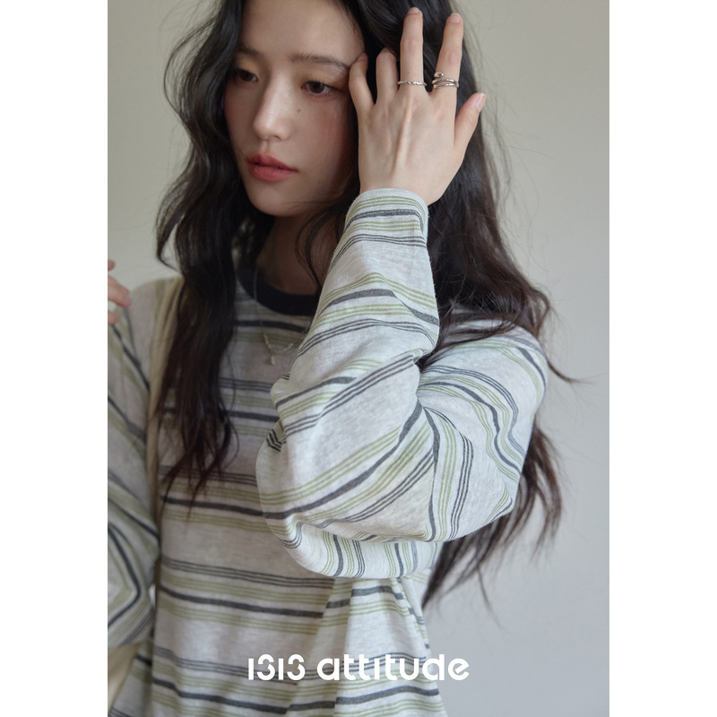 1313 Salt Green Striped Casual Long Sleeve Sun Protection Shirt Blouse Thin Breathable Loose Retro T-Shirt 1313 Salt Green Striped Casual Long Sleeve Sun Protection Shirt Blouse Thin Breathable Loose Retro T-Shirt