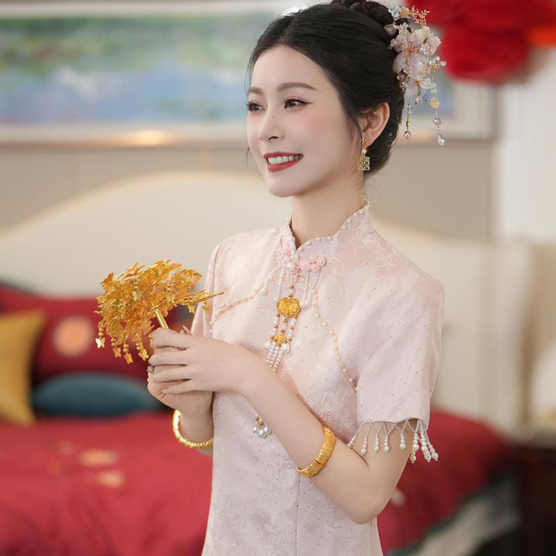 Pink Toast Dress, New Chinese-Style Cheongsam, French-Style New Bride Engagement Dress, Toast Dress, Homecoming Elegant Dress