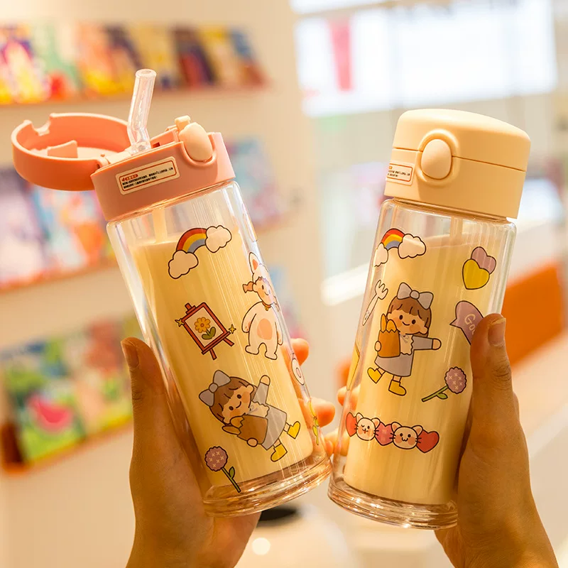 Cute double-layer summer small handheld high quality straw with glass