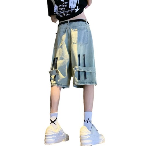 Vintage American-style denim shorts for men, summer design, niche five-pocket pants, trendy streetwear brand fashion high-street pants.