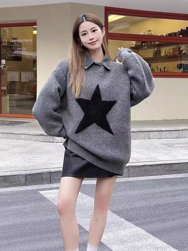 新款牛仔领外贸复古假两件可拆卸领宽松秋冬套头针织衫宽松毛衣女|undefined