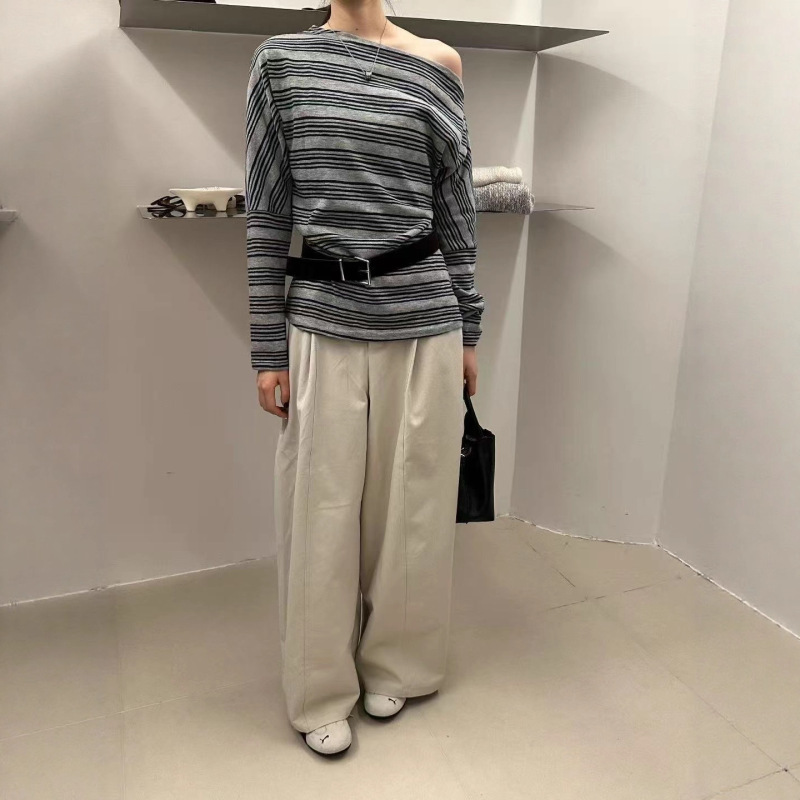 撞色条纹斜肩配腰带长袖T恤女2025早秋新款洋气宽松时尚百搭上衣|undefined