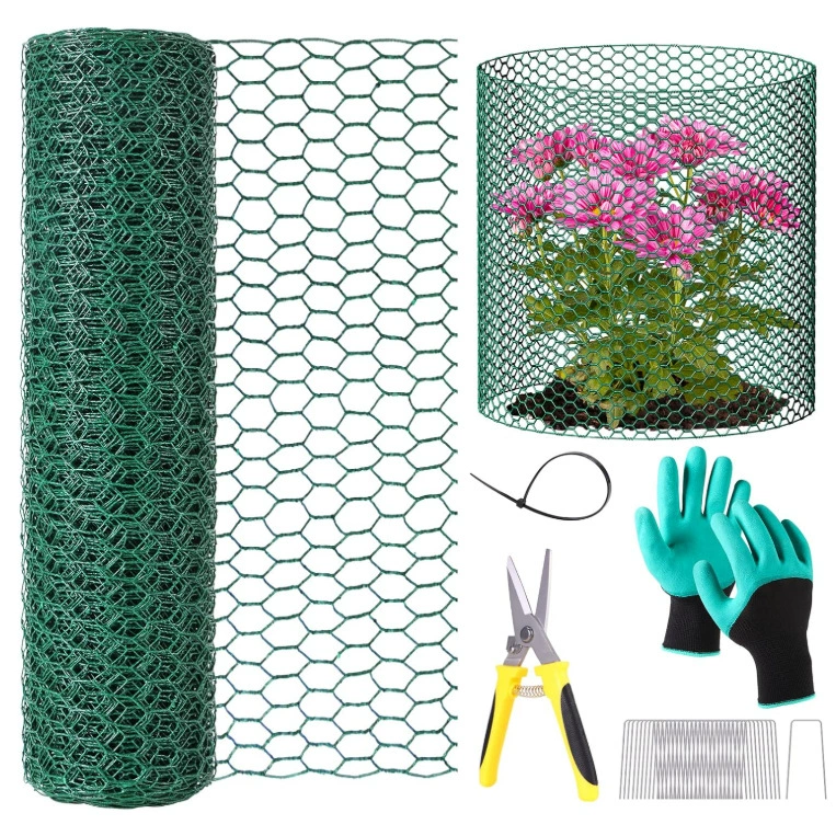 Защитная клетка для растений на открытом воздухе, шестиугольная сетка из проволоки с заземляющими колышками и нейлоновыми стяжками